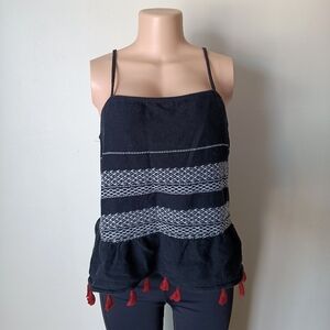 Ana Women's Black White Embroidered Red Tassels 100% Cotton Tank Top Size M
